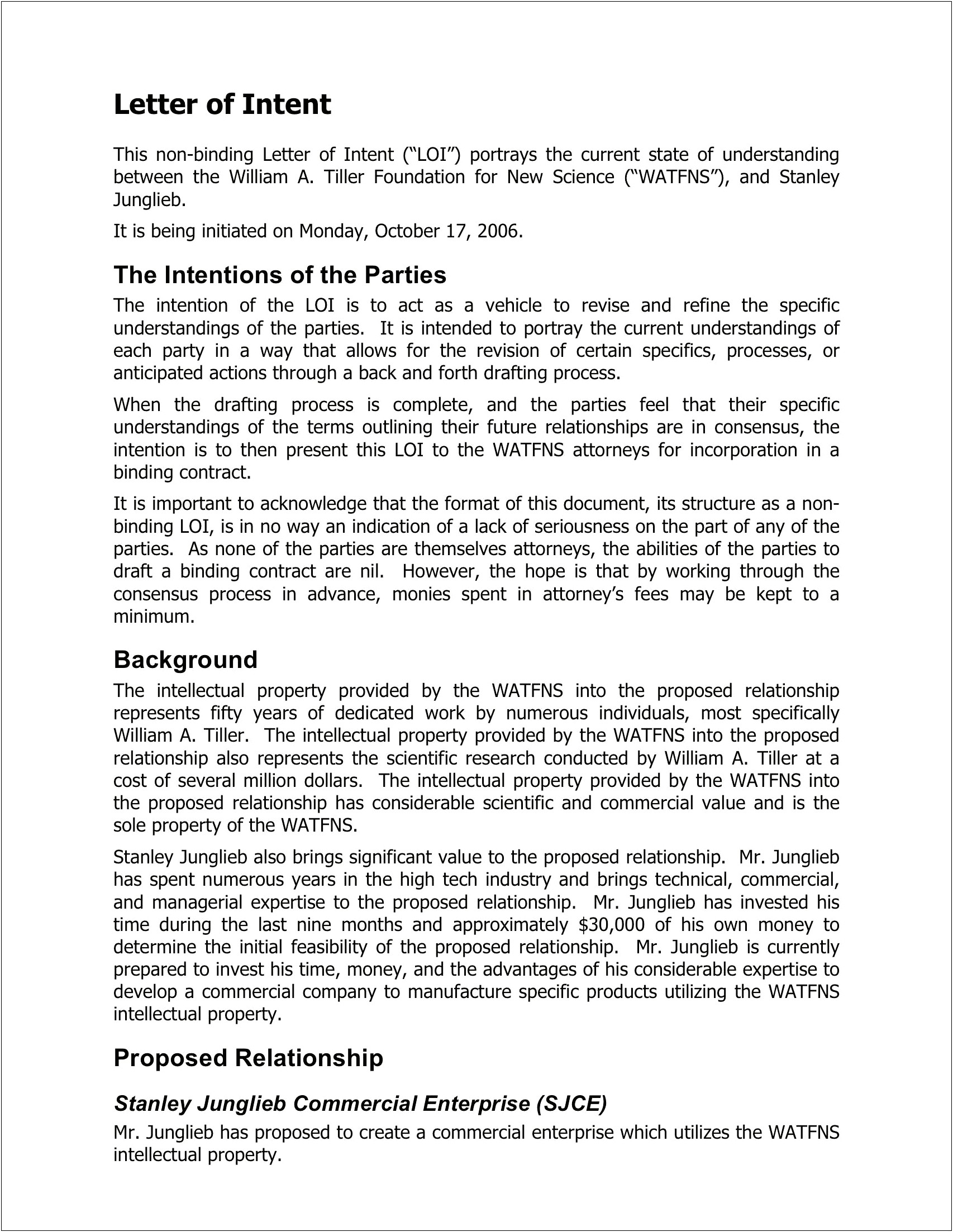 Non Binding Letter Of Intent Employment Template