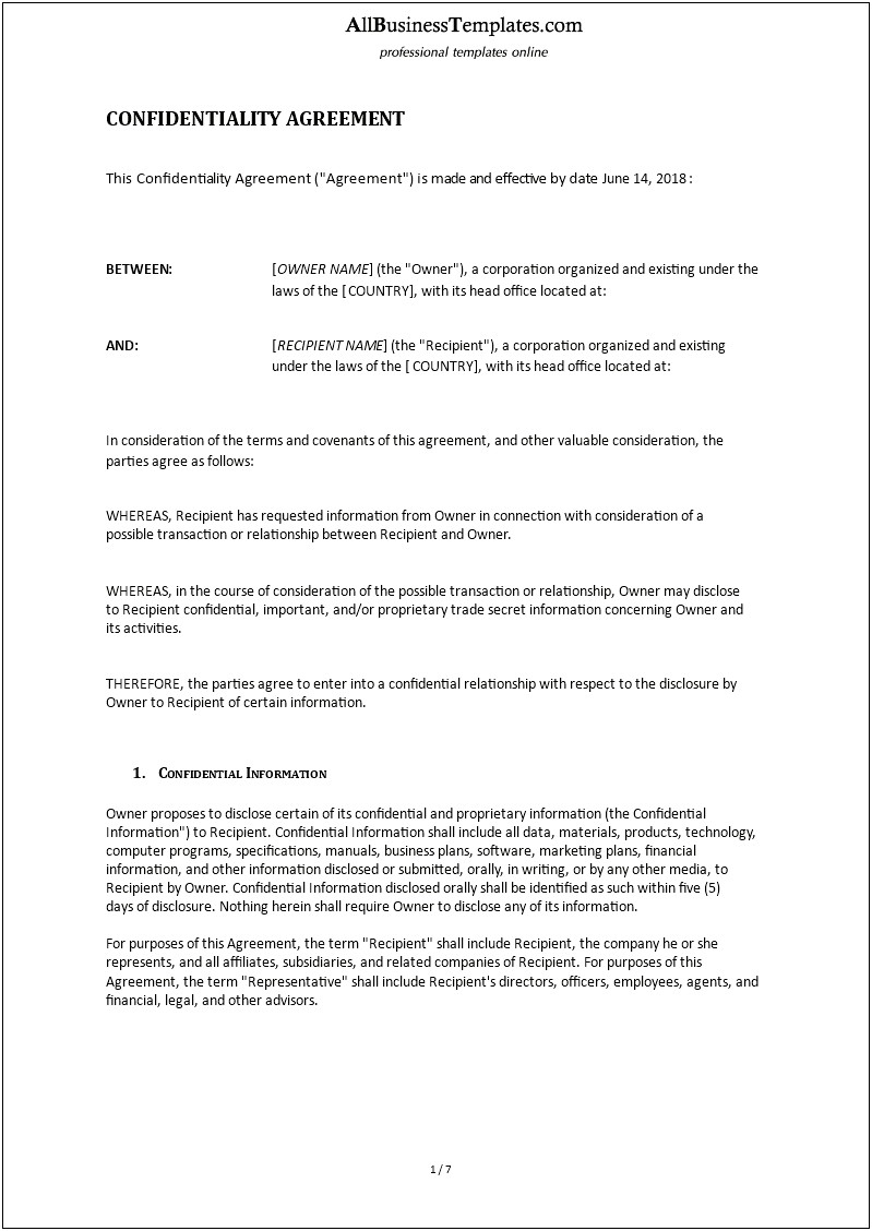 Non Disclosure Agreement Cover Letter Template