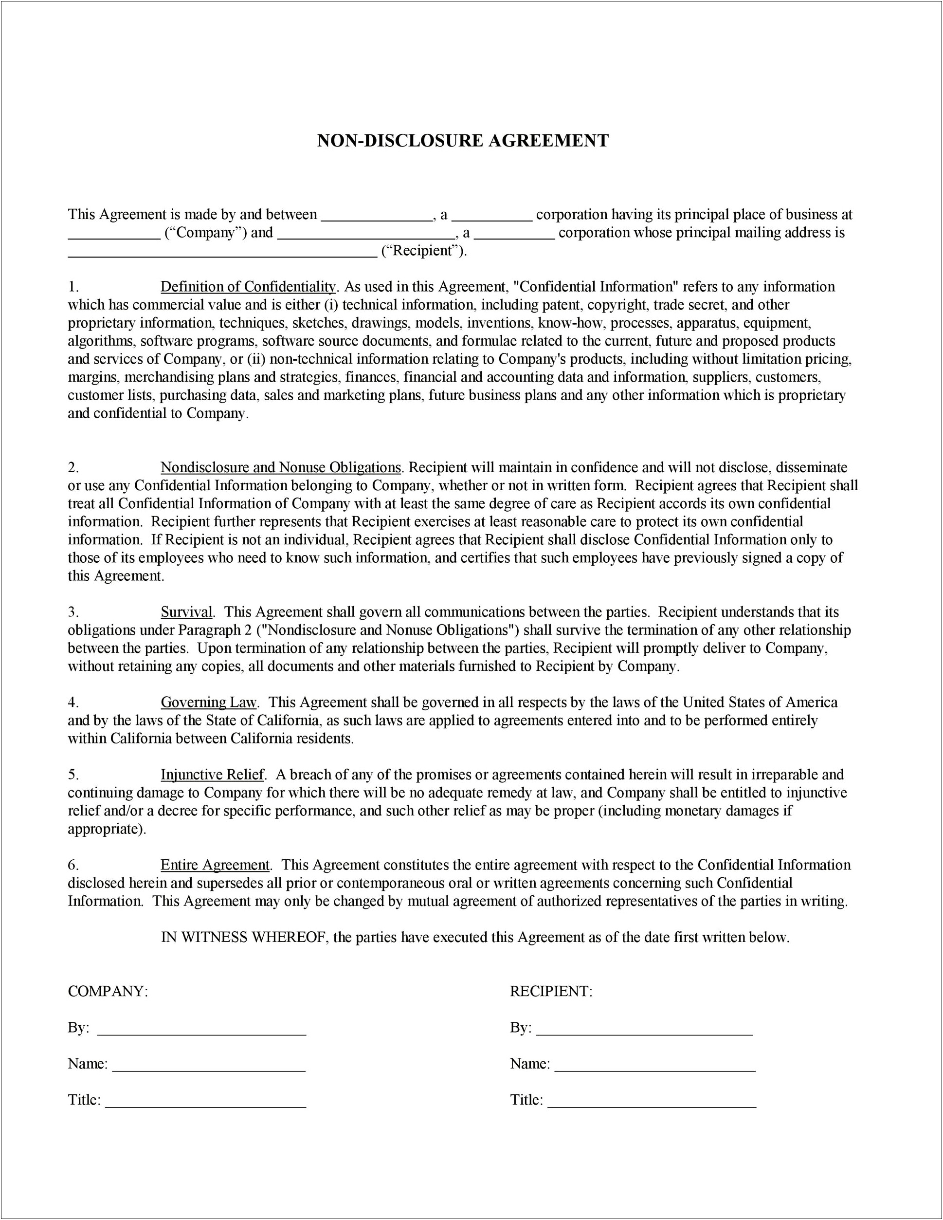 Non Disclosure Agreement Template Download Free