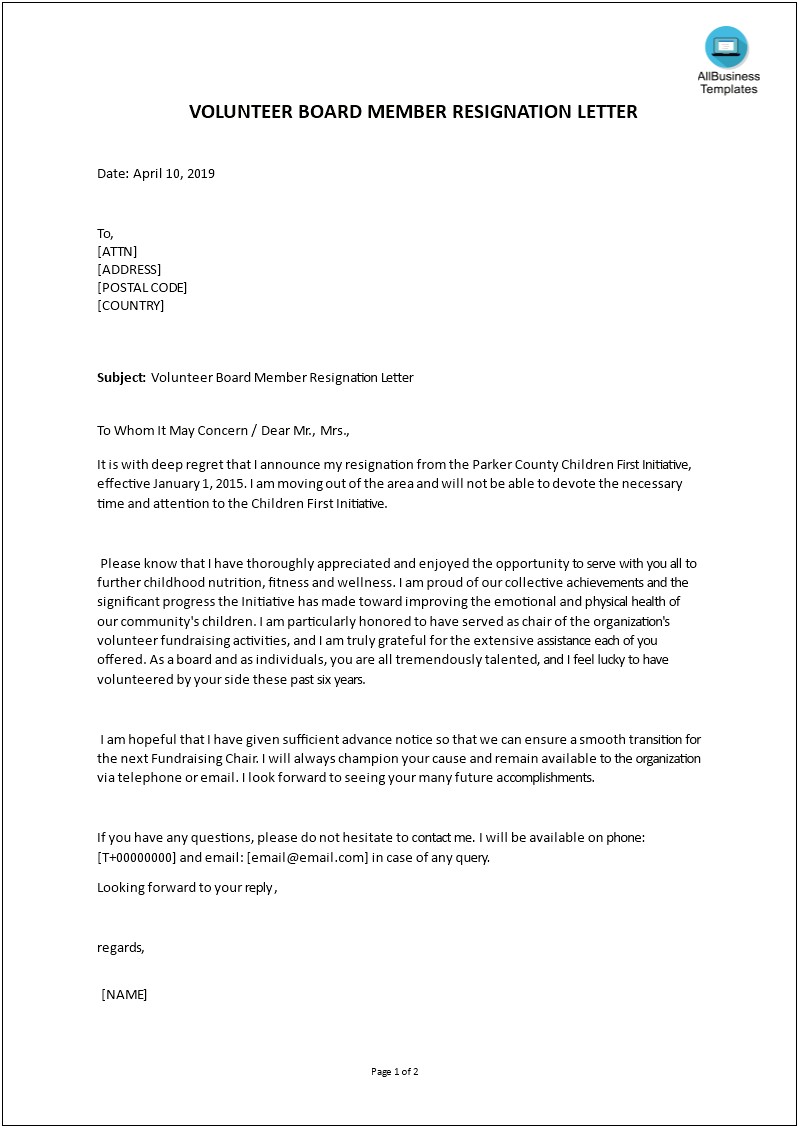 Non Profit Board Resignation Letter Template