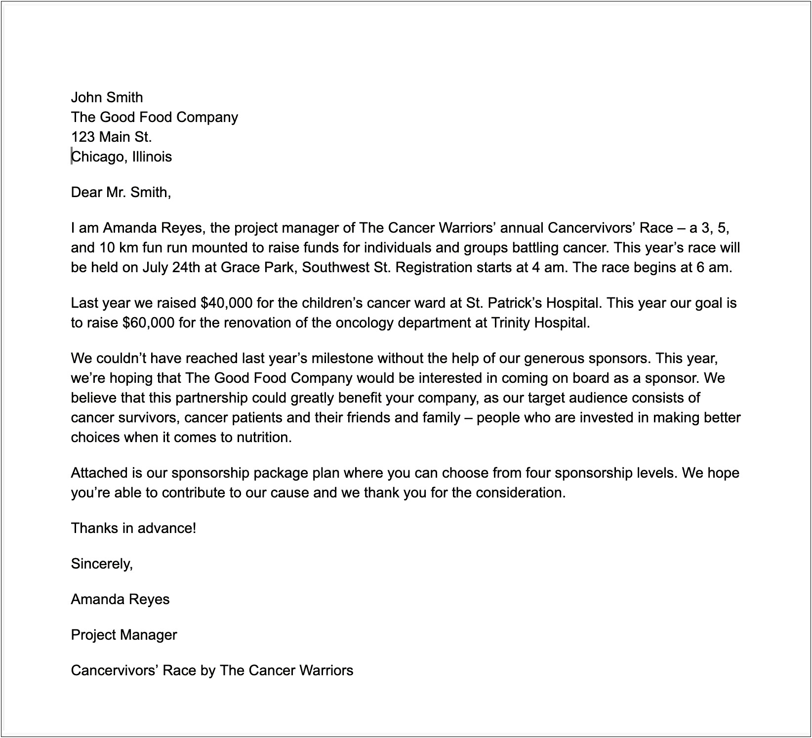 Non Profit Corporate Sponsorship Letter Template