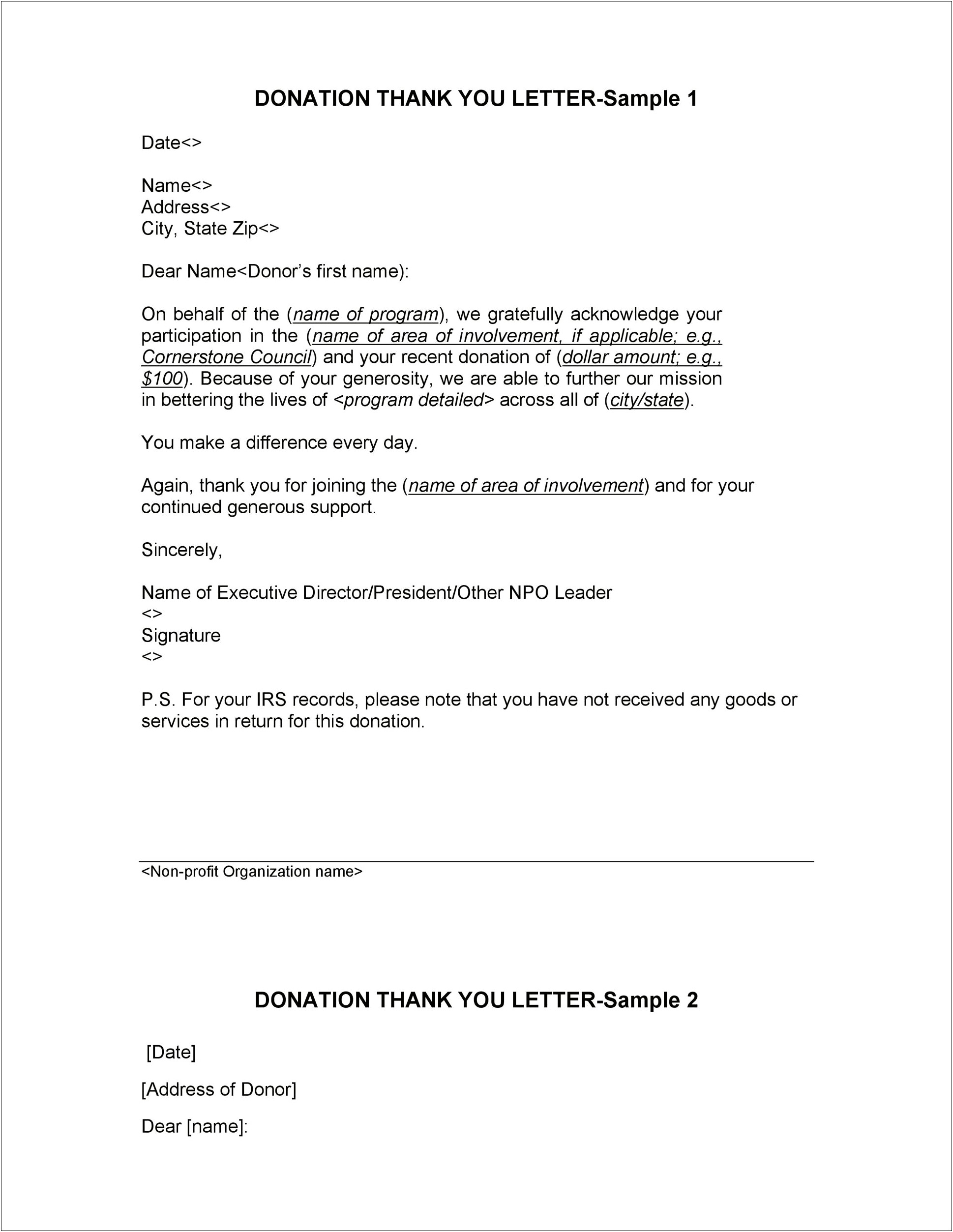 Non Profit Donation Thank You Letter Template