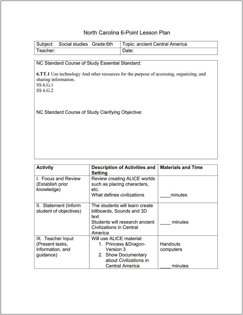 North Carolina Six Point Lesson Plan Template