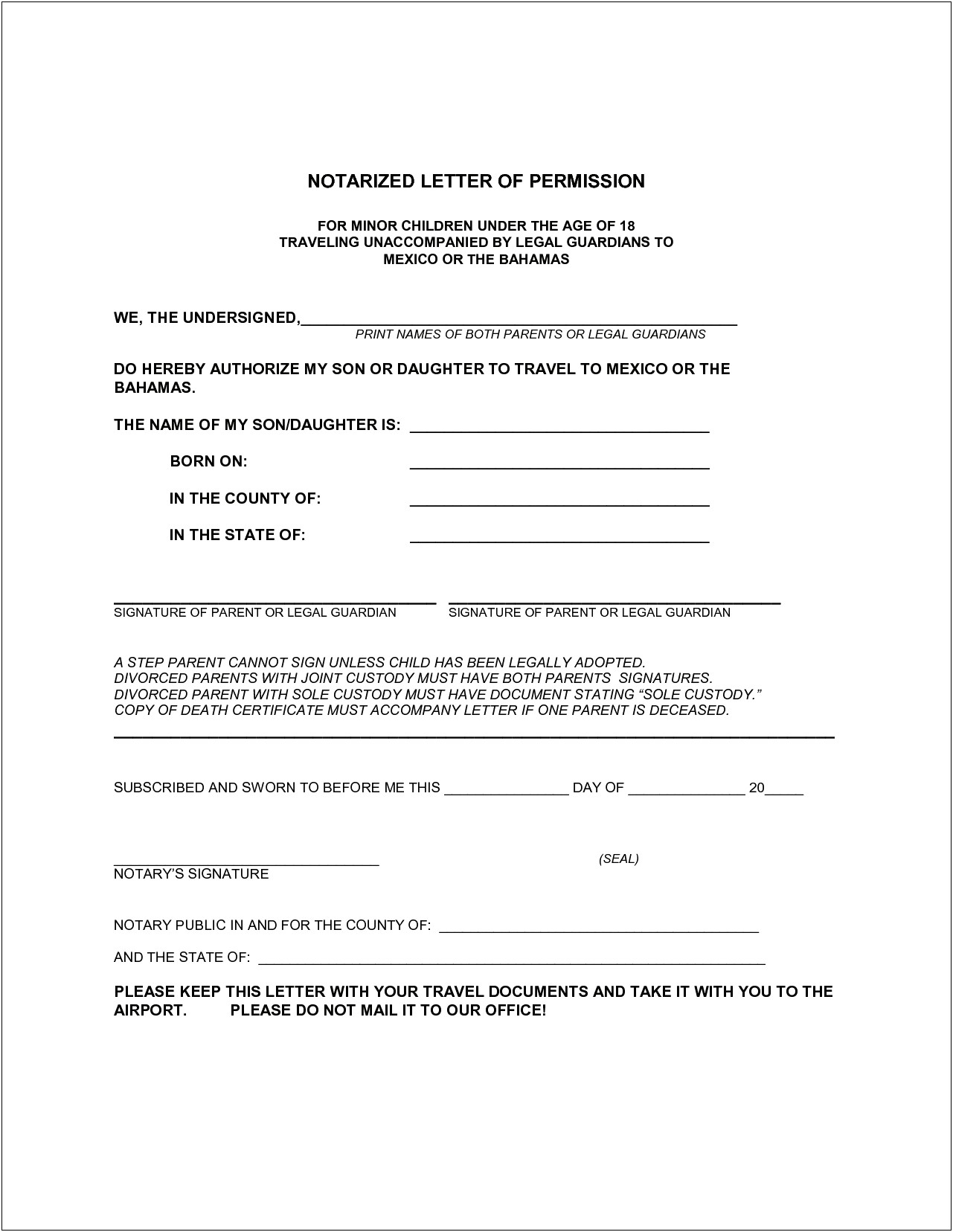 Notarized Consent Letter To Travel Entering Mexico Template