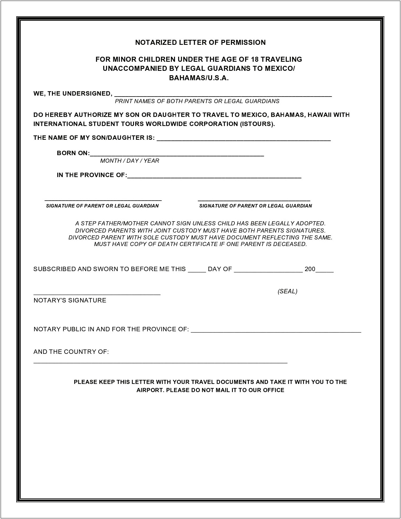 Notarized Letter Of Permission To Travel Template