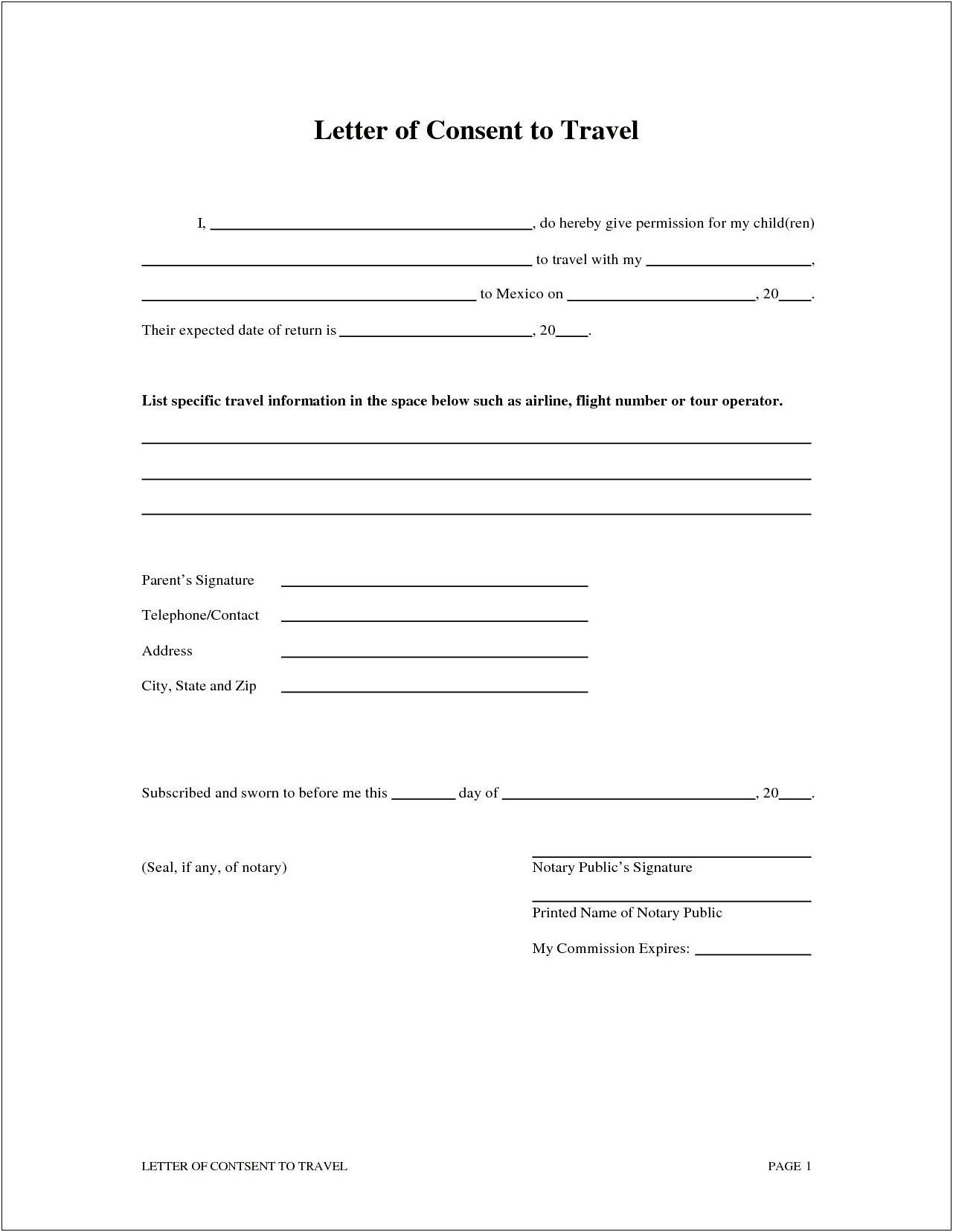 Notarized Letter Template For Child Travel