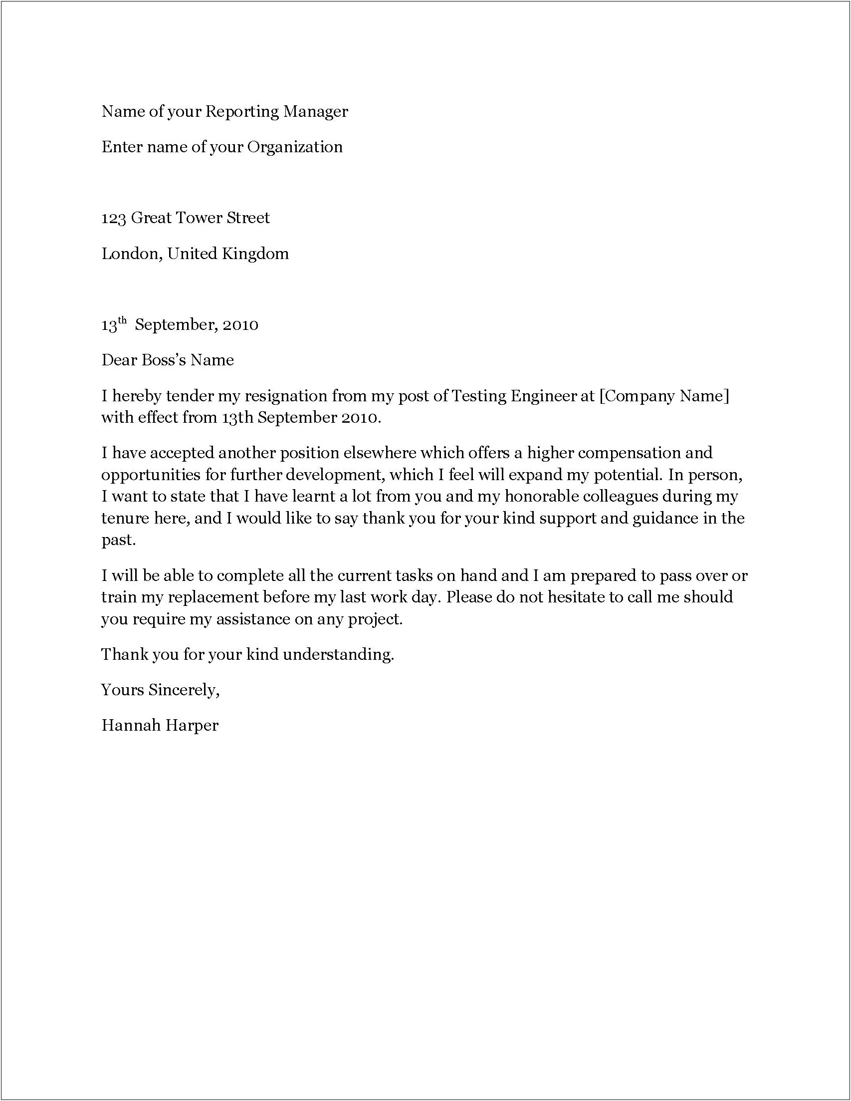 Notice Letter To Employer Template Uk