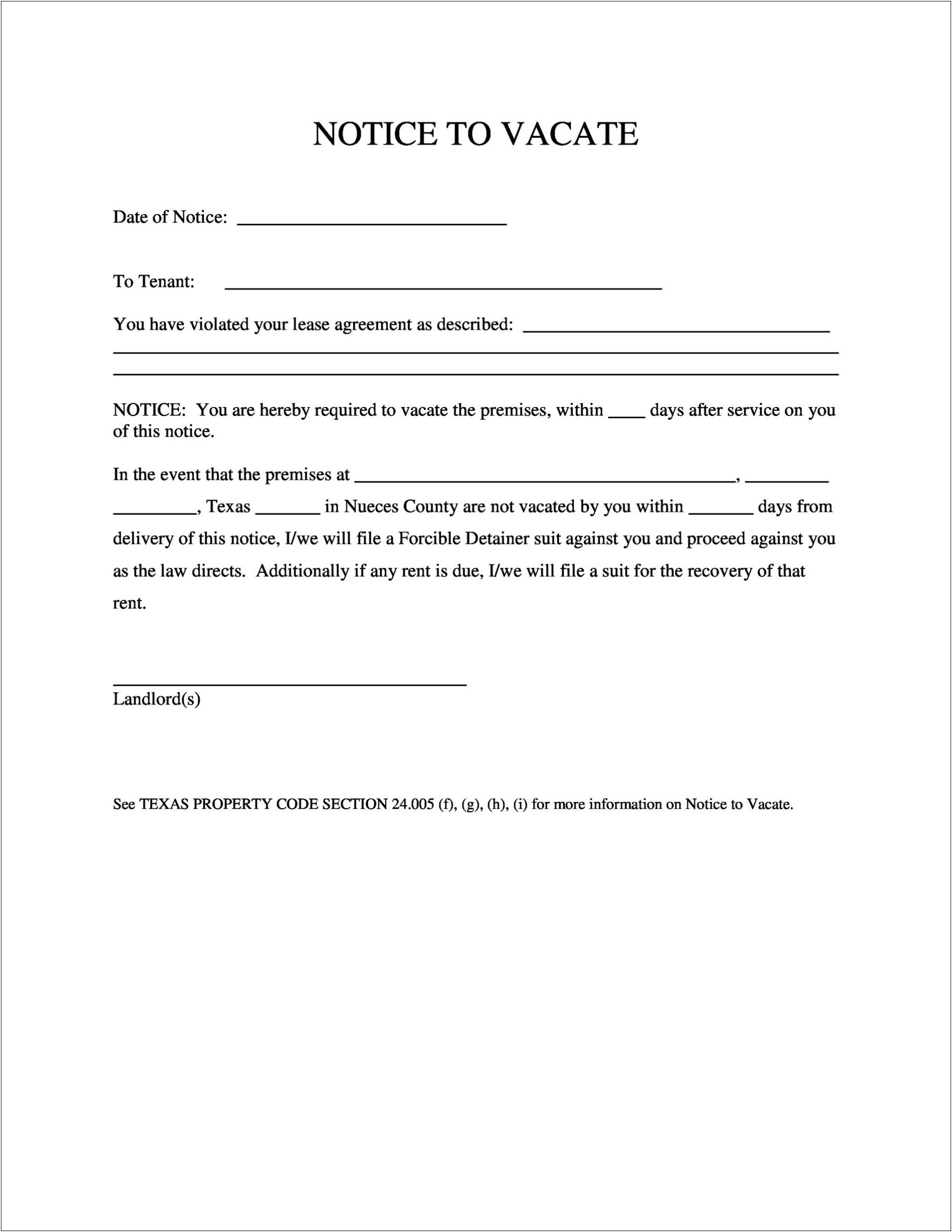 Notice Letter To Tenant From Landlord Template