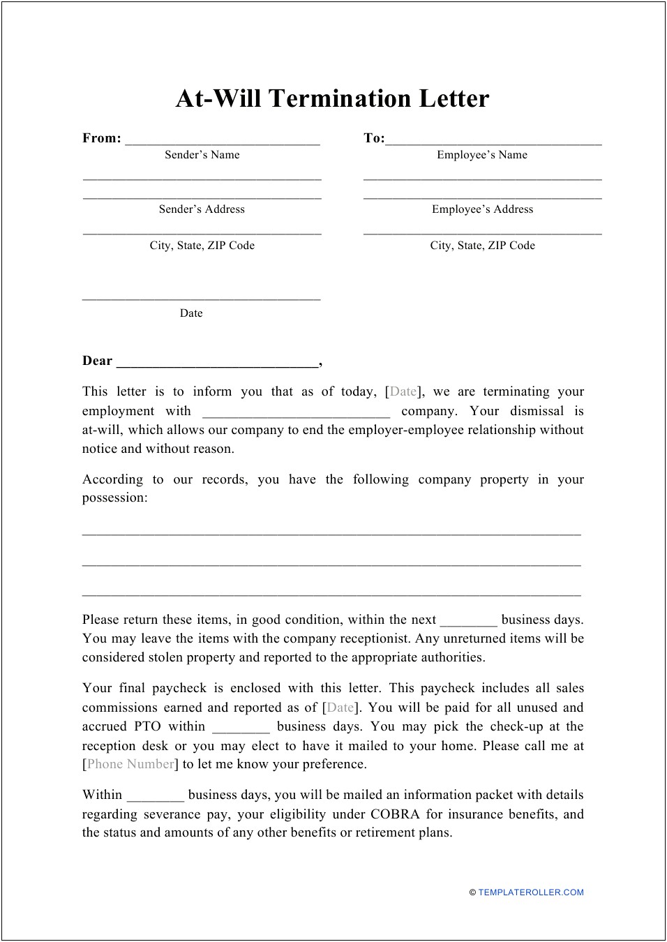 Notice Of Employment Termination Letter Template