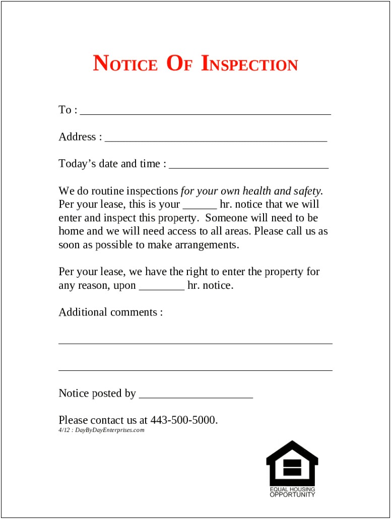 Notice Of Inspection Letter To Tenant Template
