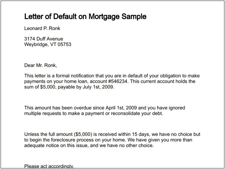 Notice Of Intent To Foreclosure Letter Template Pdf