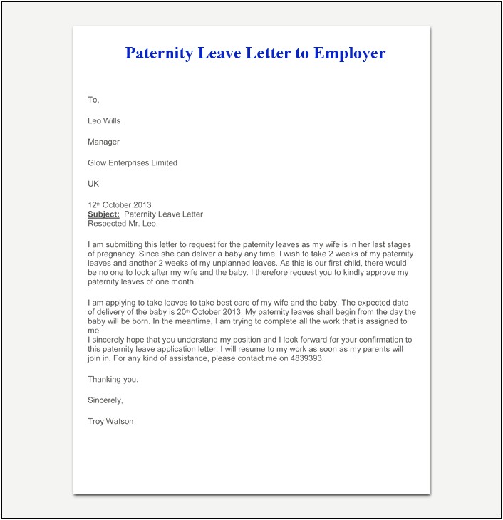 Notice Of Maternity Leave Letter Template Uk