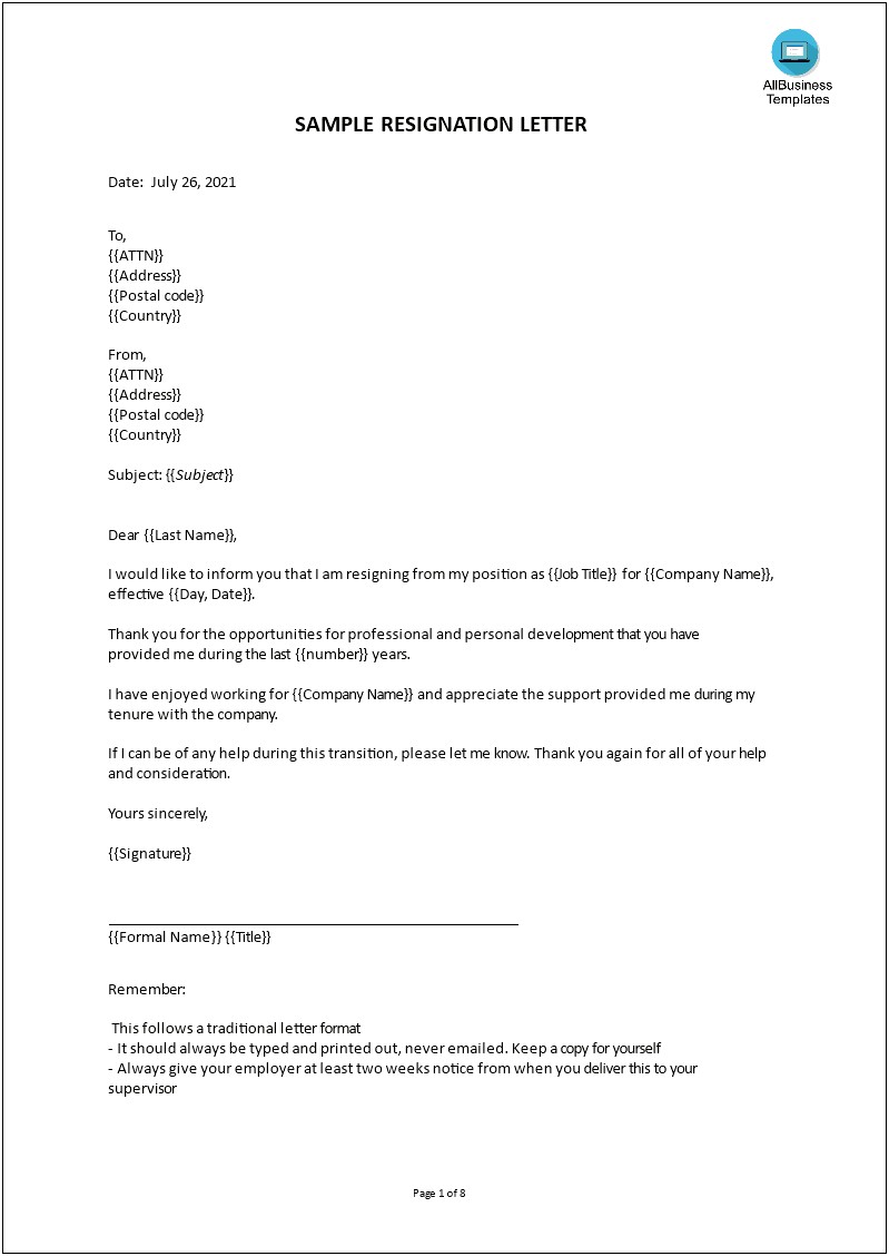 Notice Of Resignation Letter Template Uk