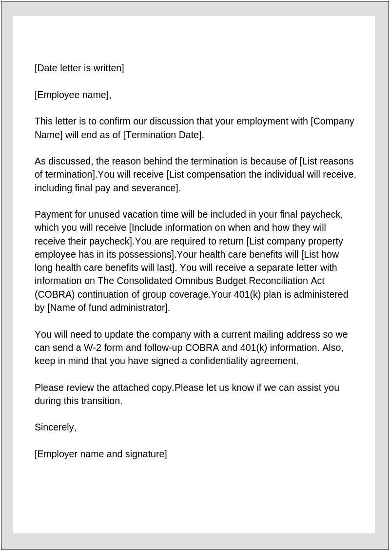 Notice Of Termination Of Employment Contract Letter Template