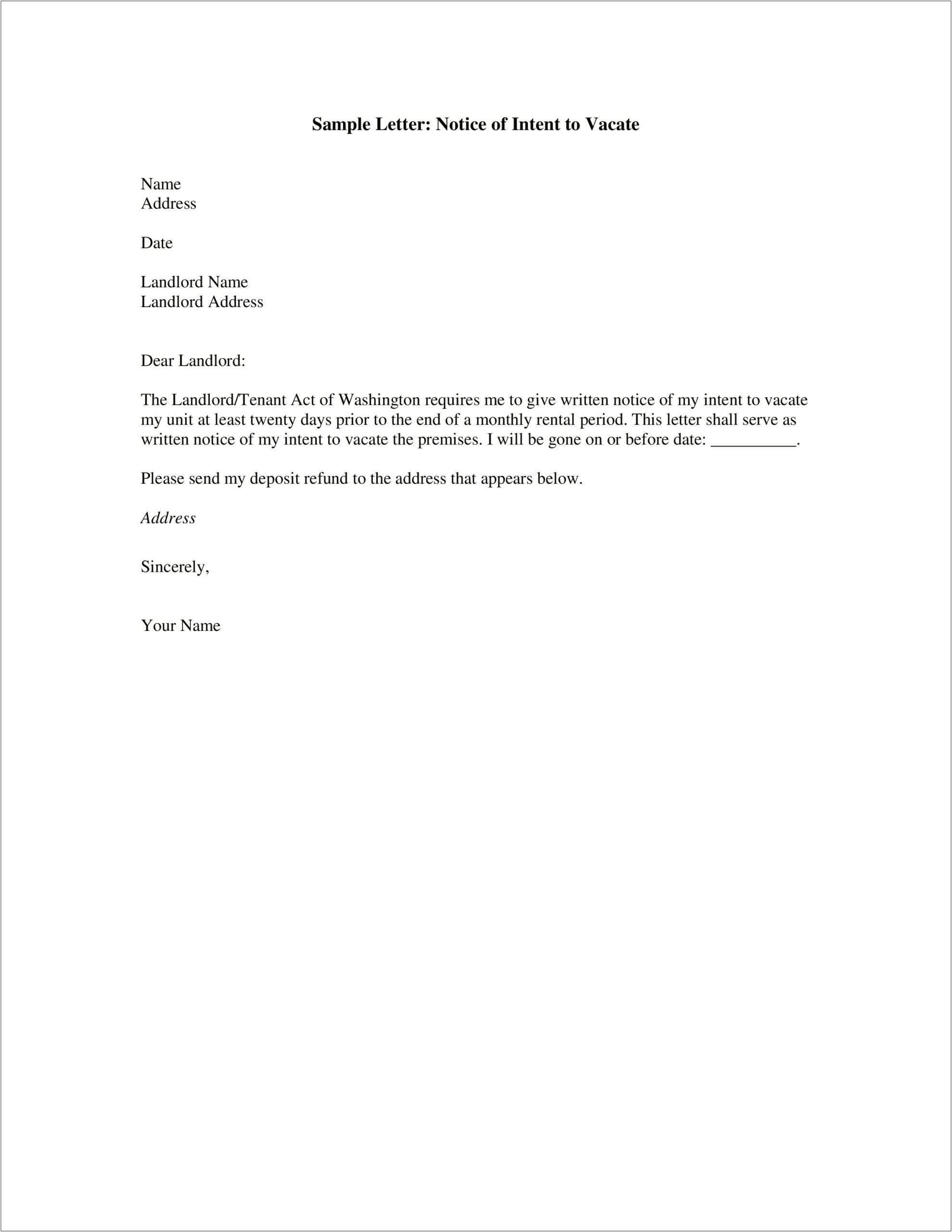 Notice To Vacate Letter Word Template