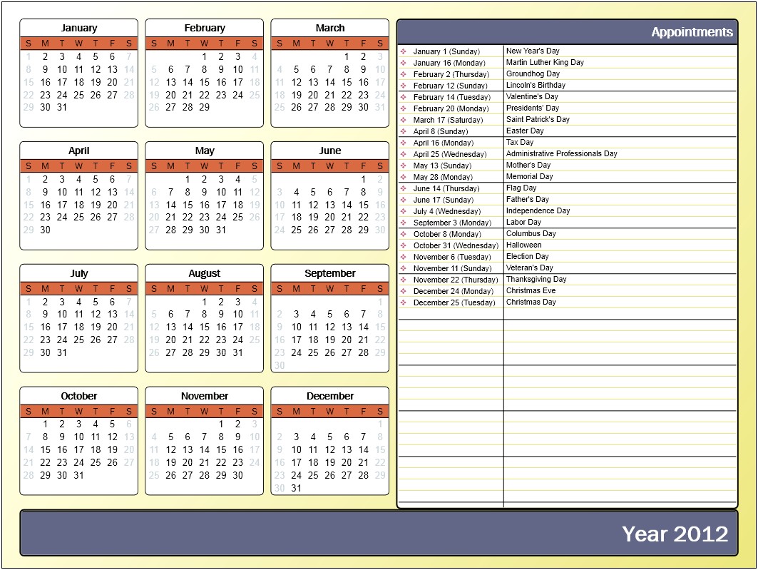 November 2012 Calendar Template Microsoft Word