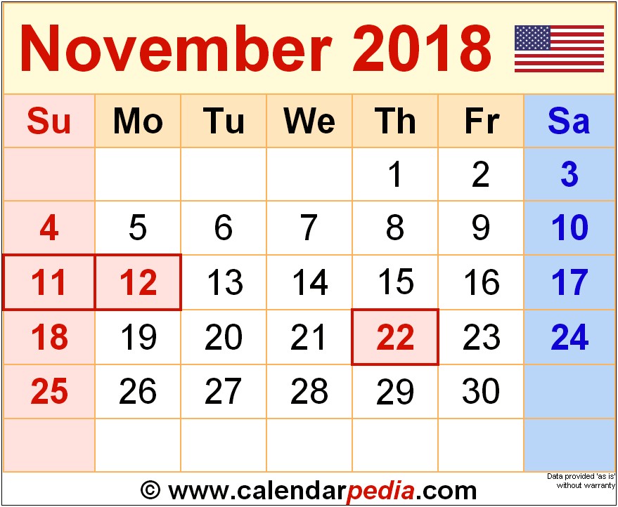 November 2018 Calendar Template Microsoft Word