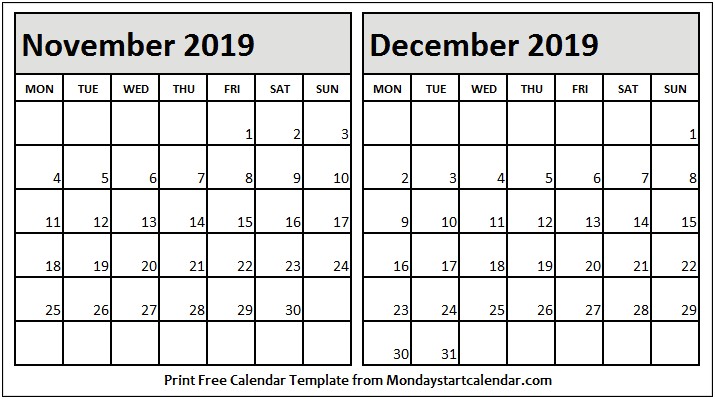 November And December 2019 Calendar Word Template