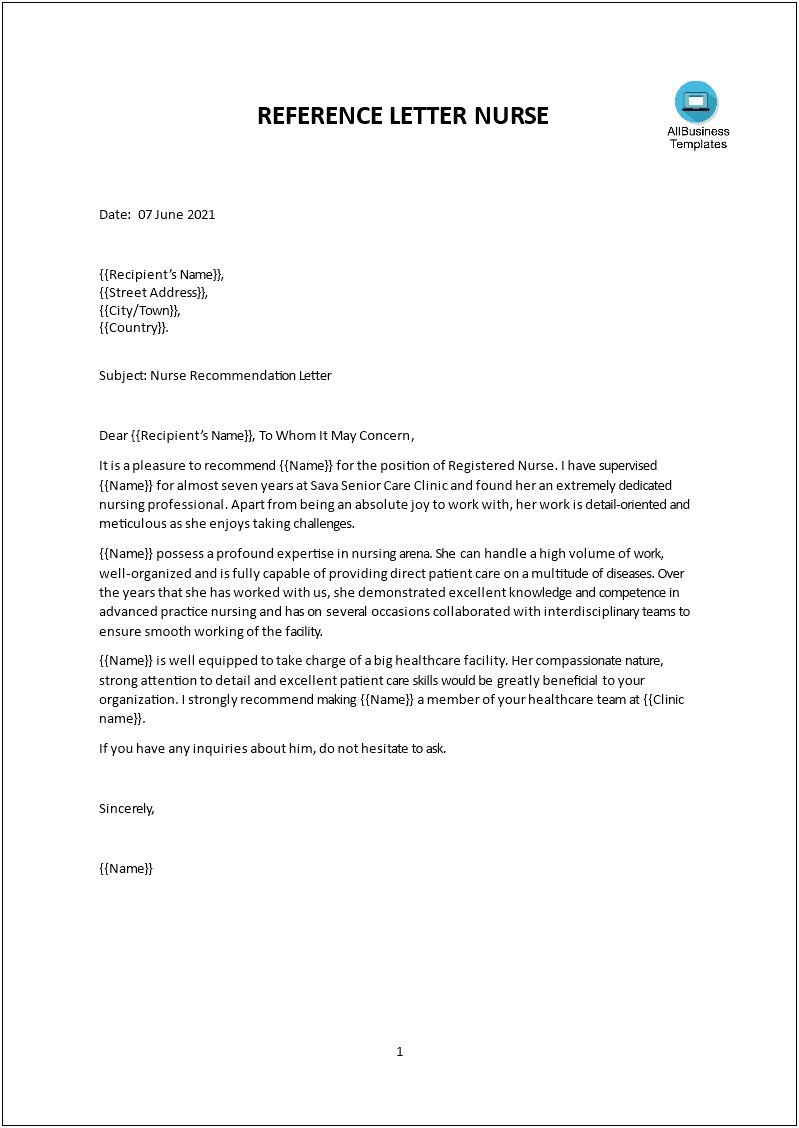 Nursing School Letter Of Recommendation Template