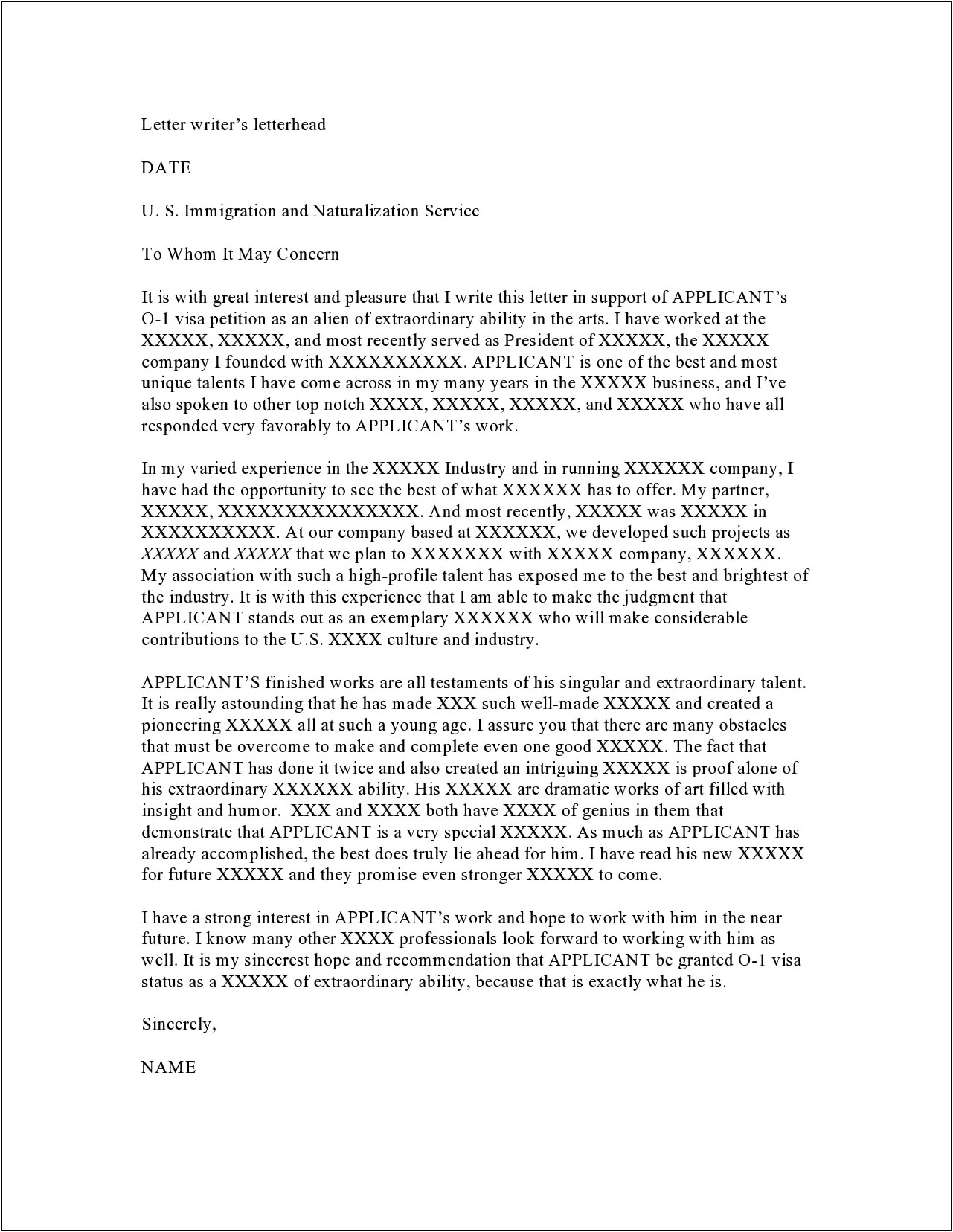 O 1 Visa Reference Letter Template