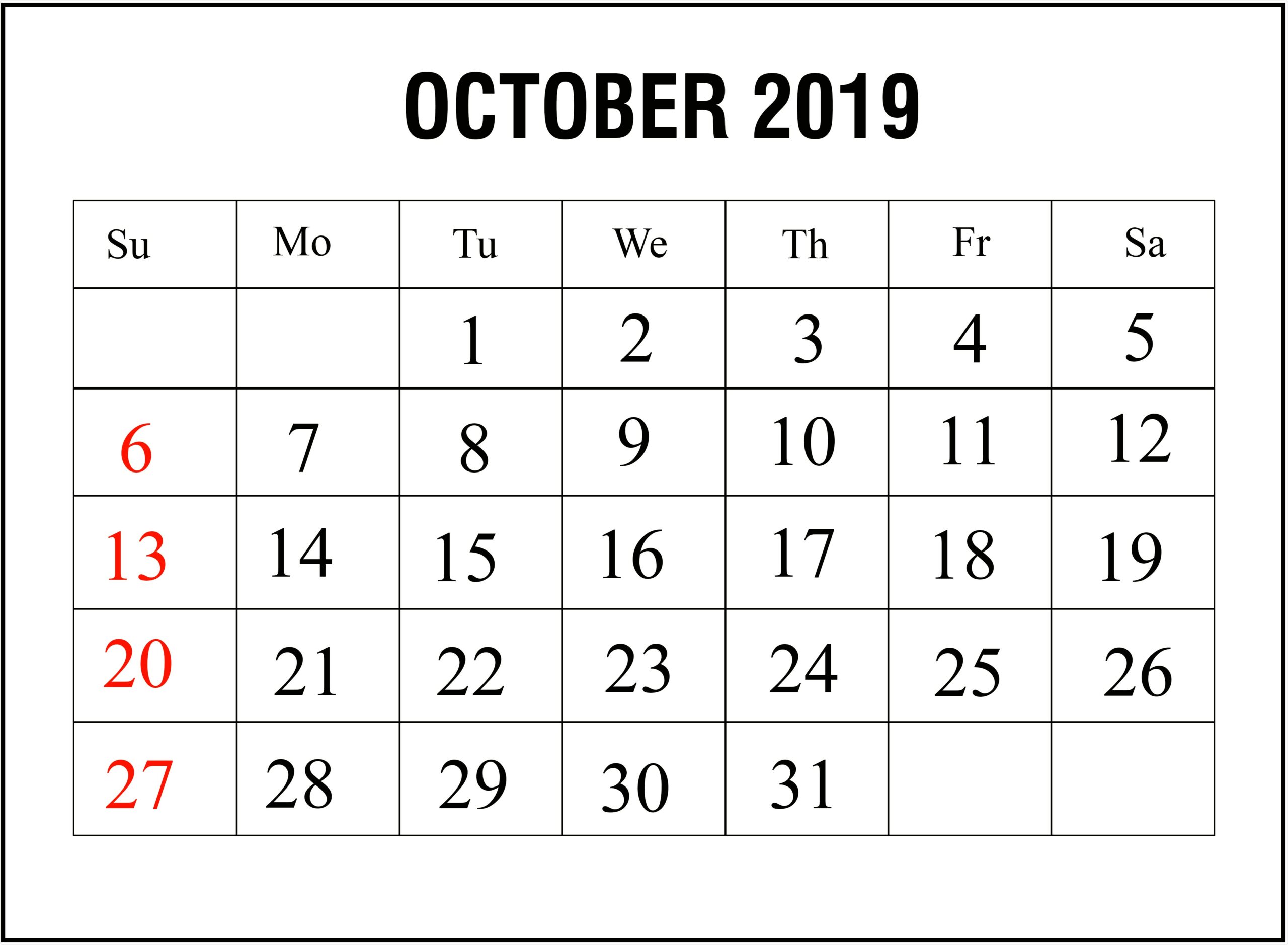October 2019 Calendar Template Ms Word