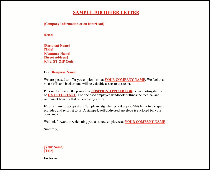 Offer Letter For A Job Template