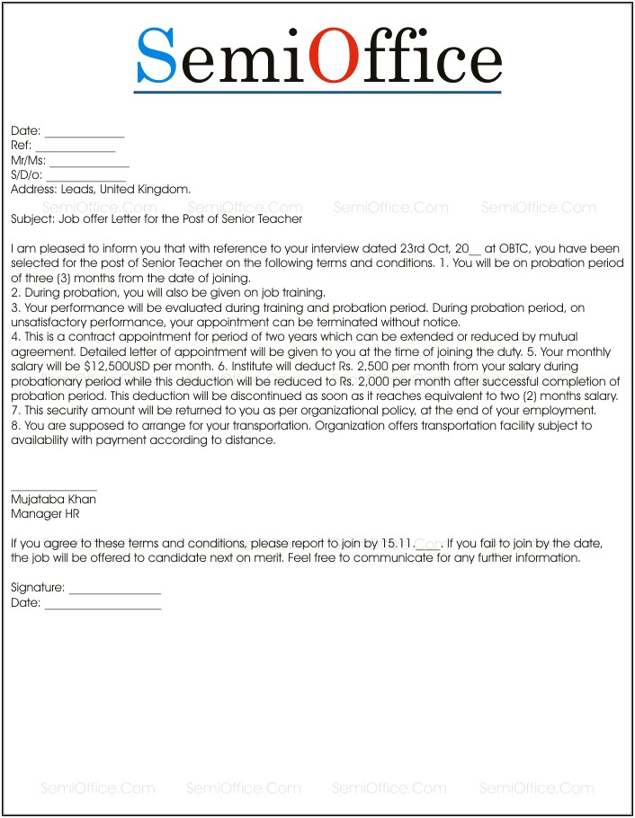 Offer Letter Of Employment Template Uk