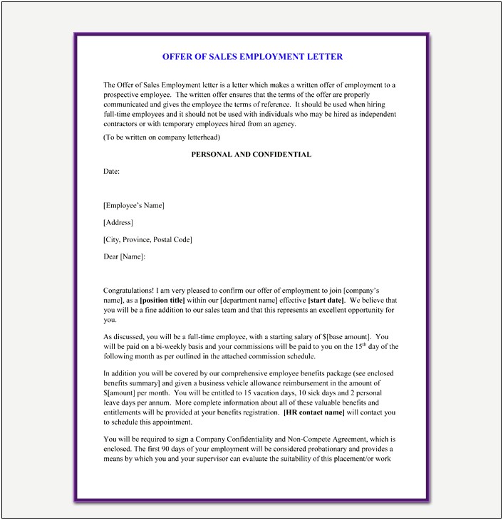 Offer Letter Template For Sales Position