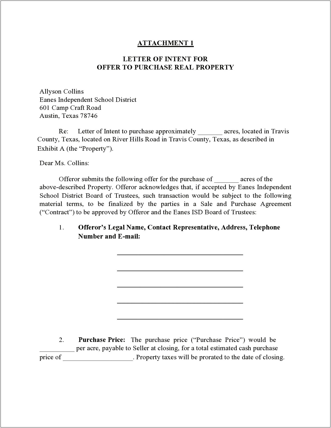 Offer To Purchase Property Letter Template