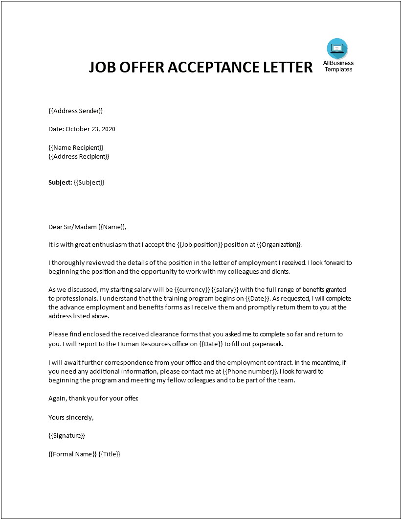 On The Job Training Acceptance Letter Template