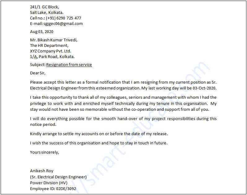 One Month Notice Resignation Letter Template