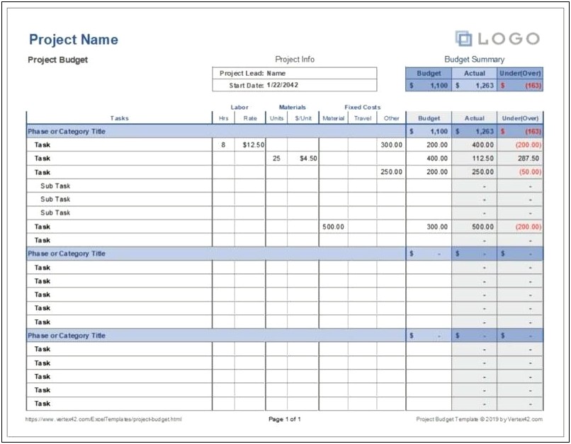 One Page Project Plan Excel Template