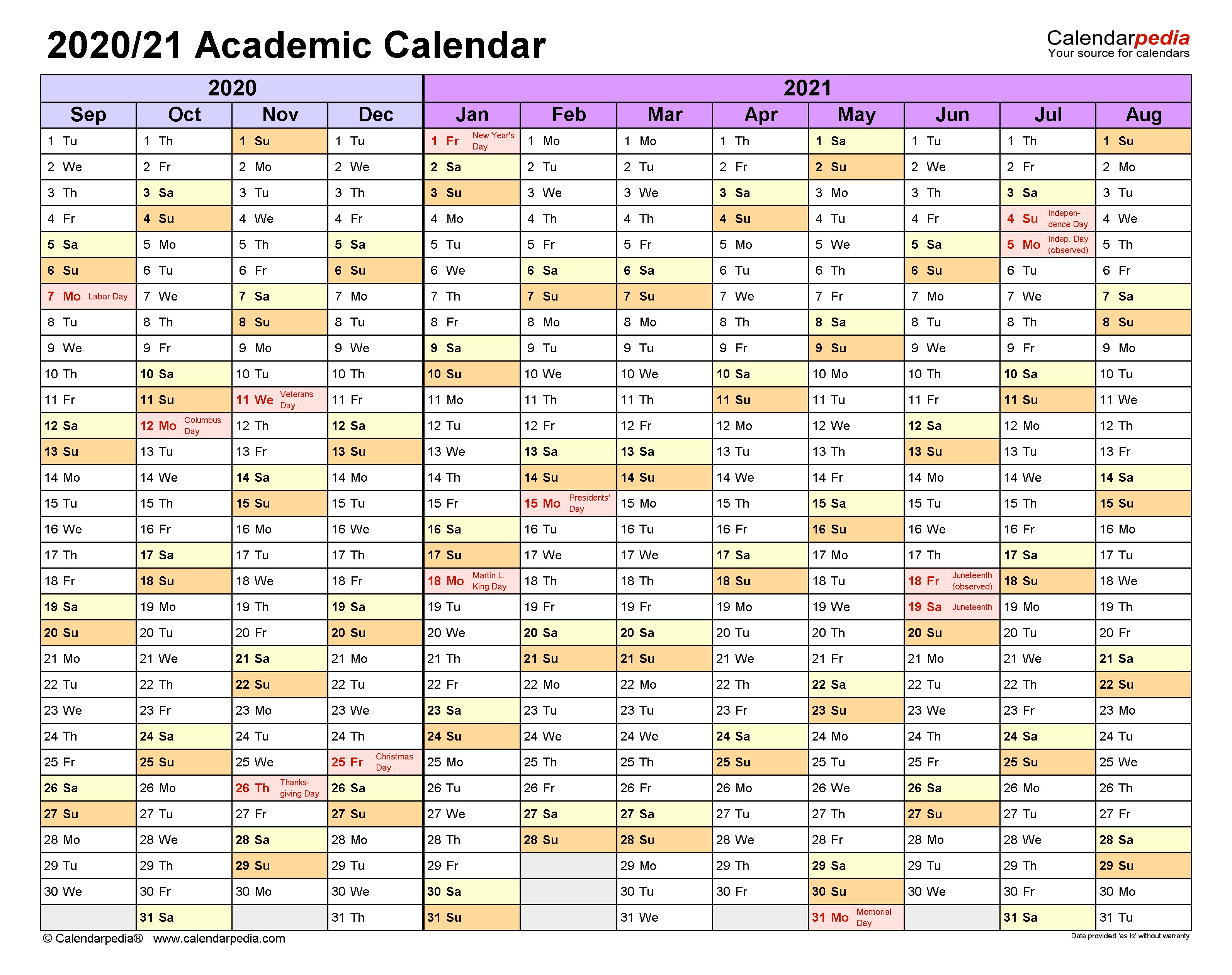 One Page School Year Calendar Word Template