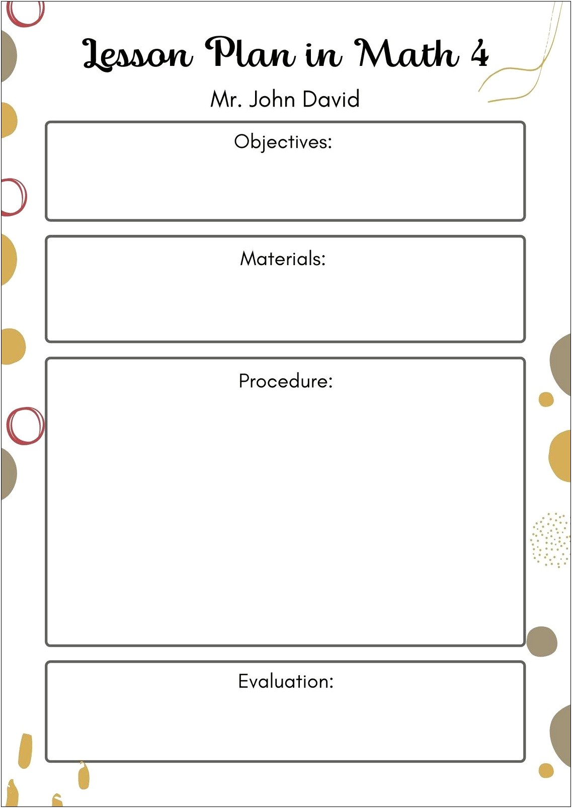 One Page Weekly Lesson Plan Template