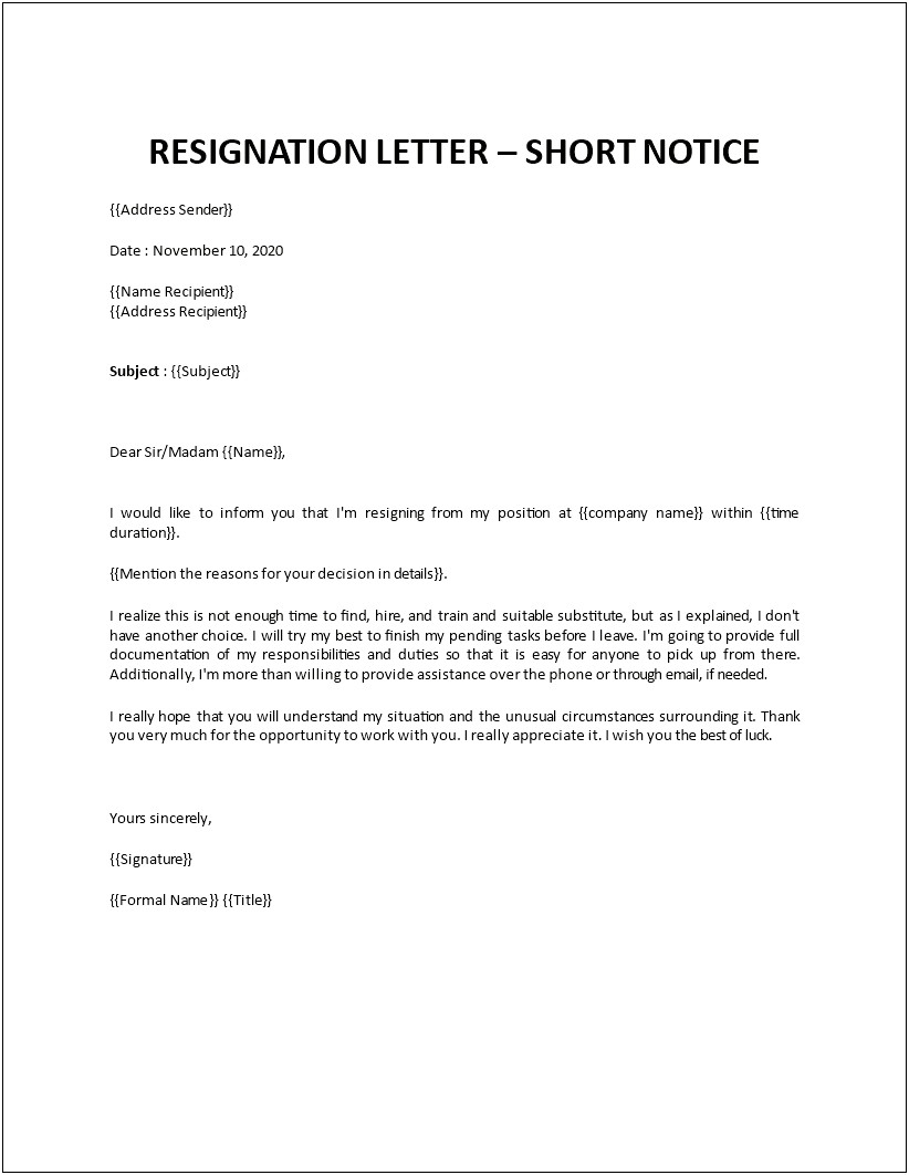 One Week Notice Resignation Letter Template