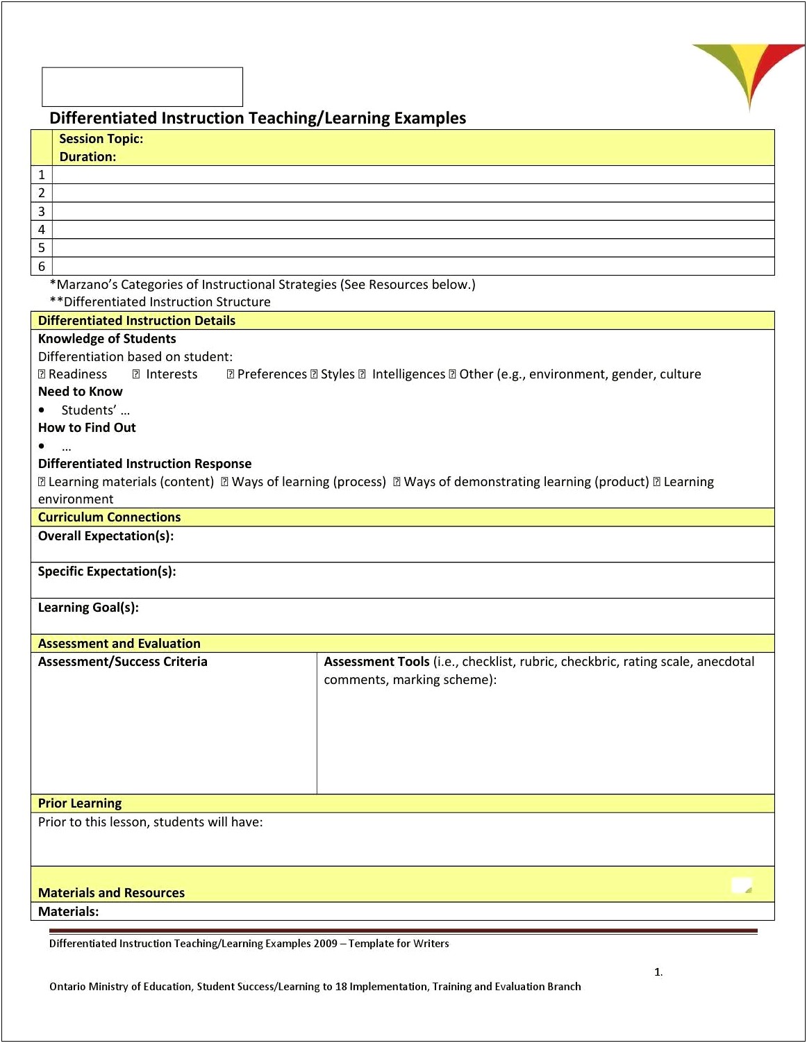 Ontario Ministry Of Education Lesson Plan Template