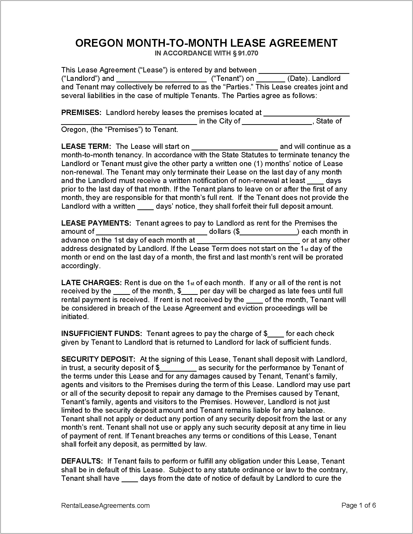 Oregon Room Rental Agreement Template Word Doc