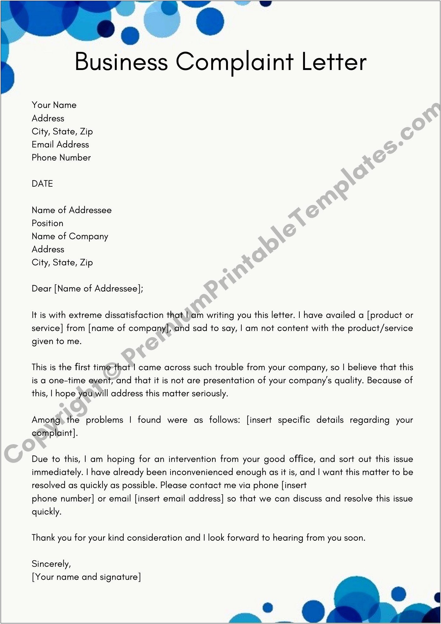 Organizers Free Printable Complaint Letter Templates