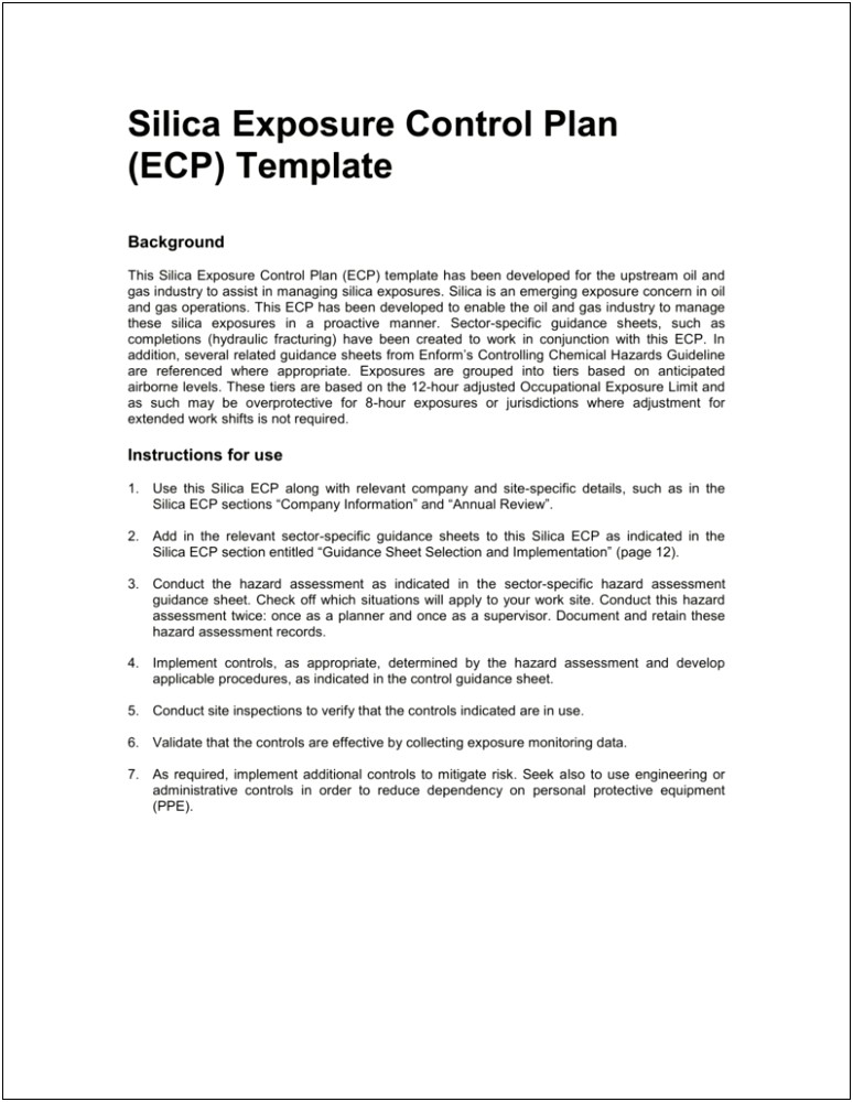 Osha Silica Exposure Control Plan Template