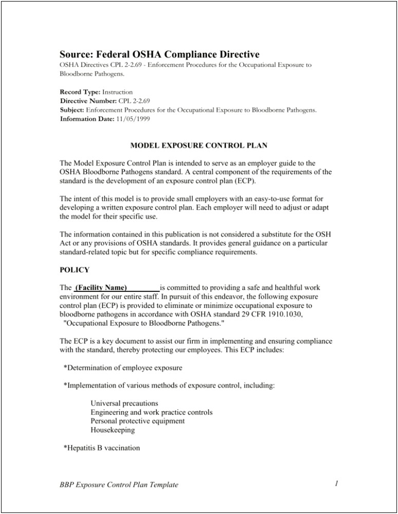 Osha Written Exposure Control Plan Template