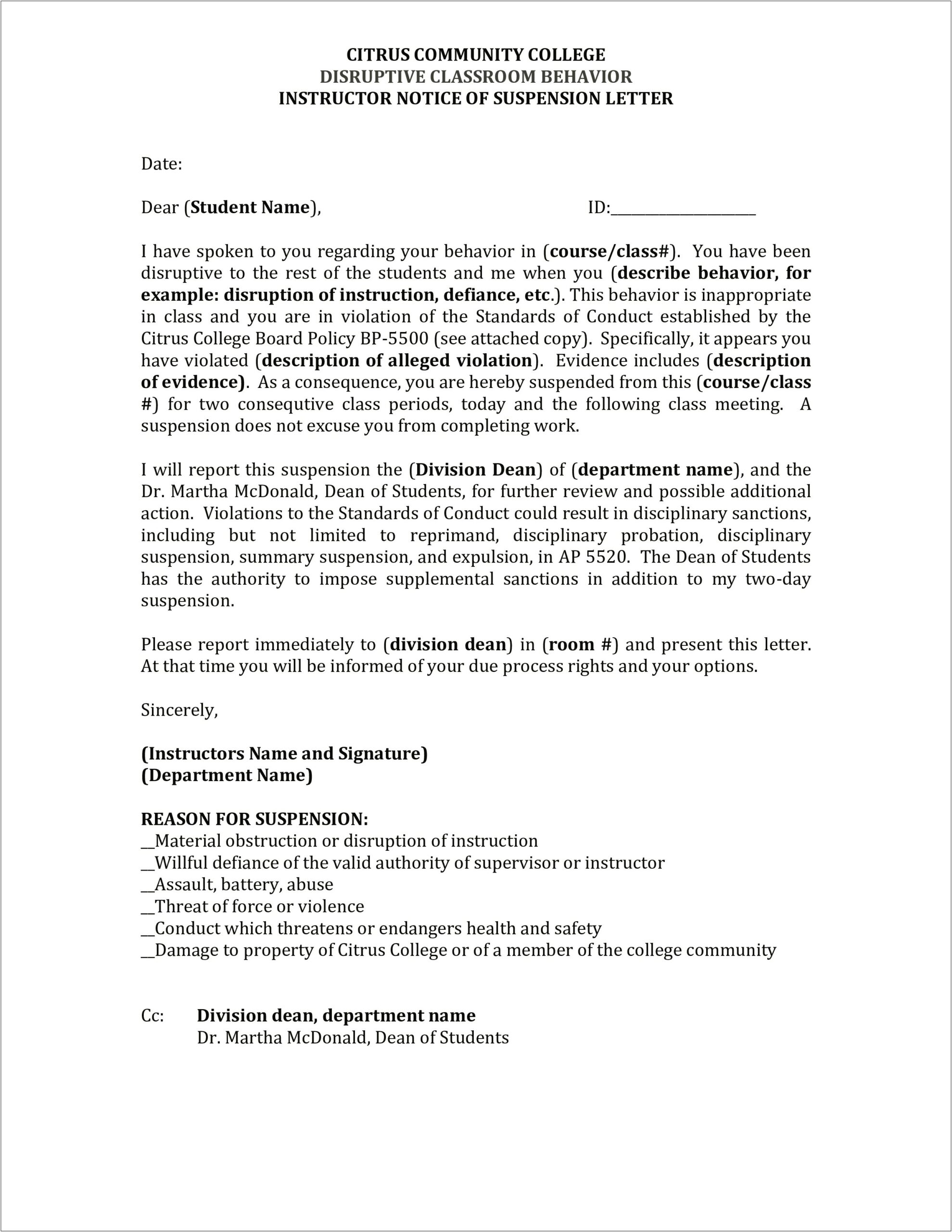 Out Of School Suspension Letter Template