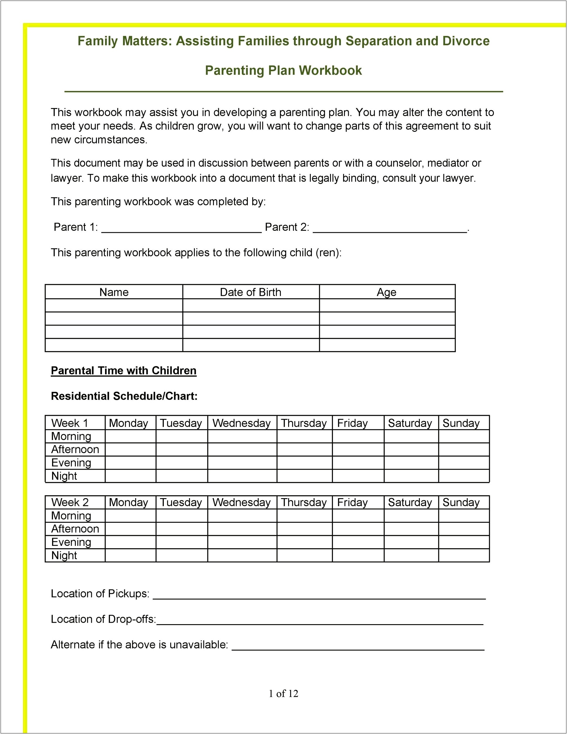 Out Of State Parenting Plan Template