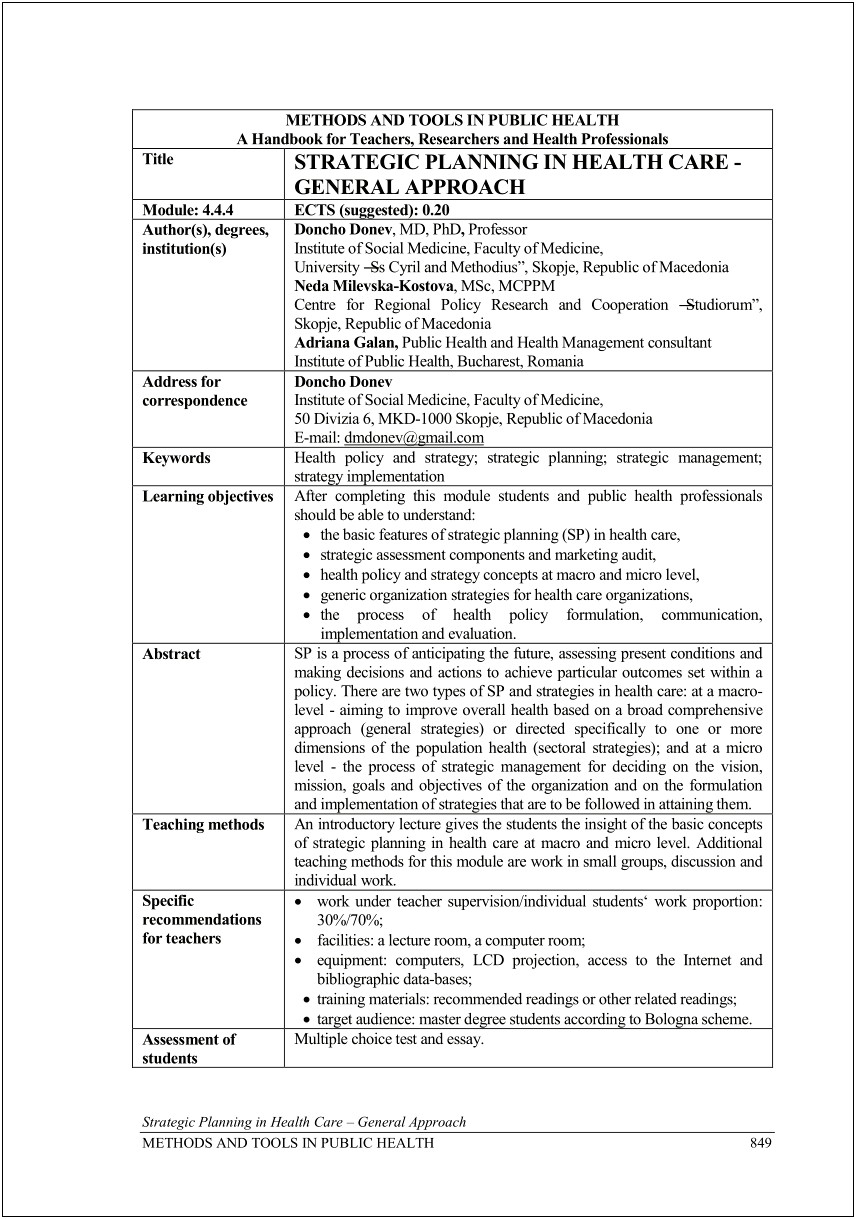 Paper On Strategic Planning Healthcare Template