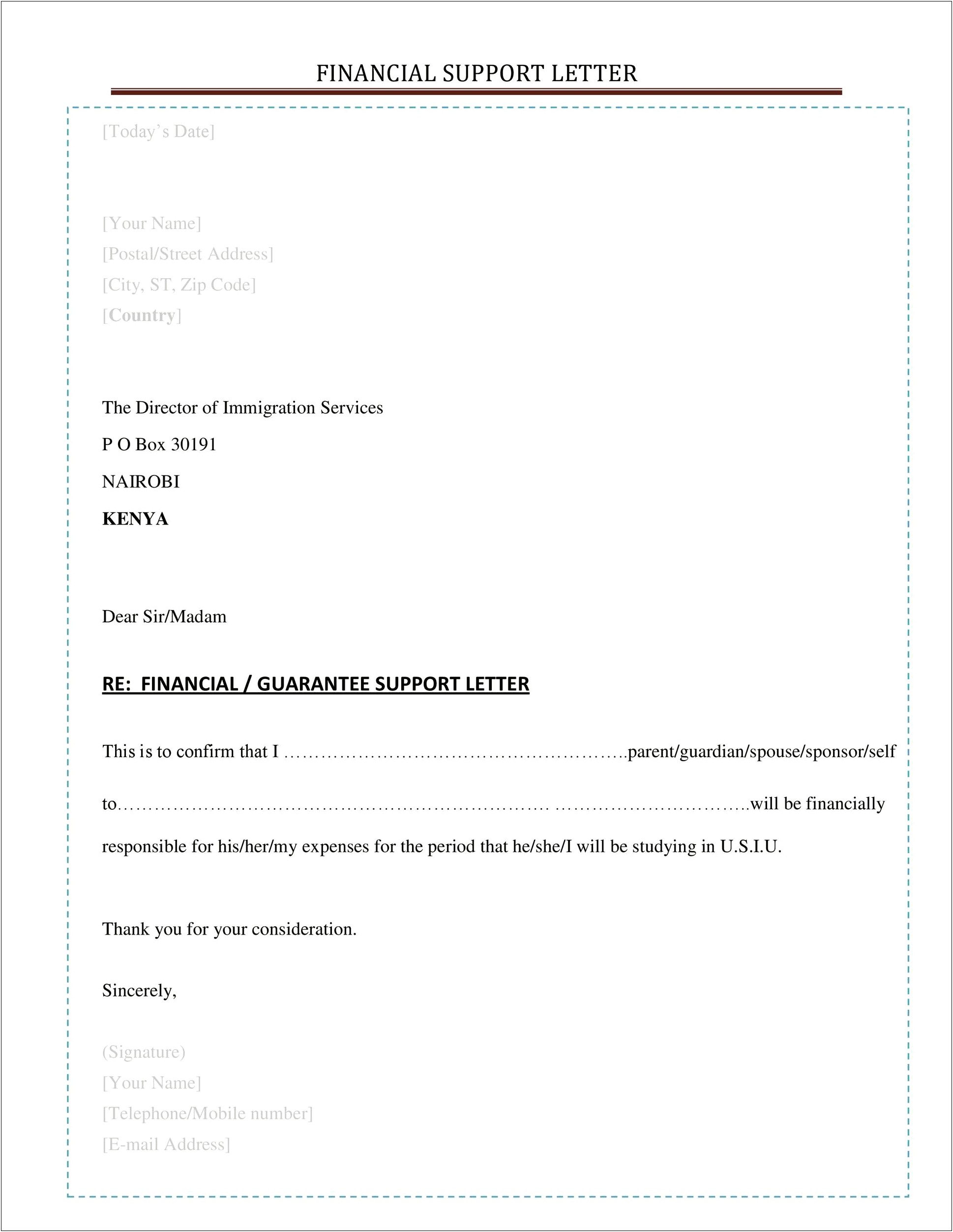 Parent Company Letter Of Support Template