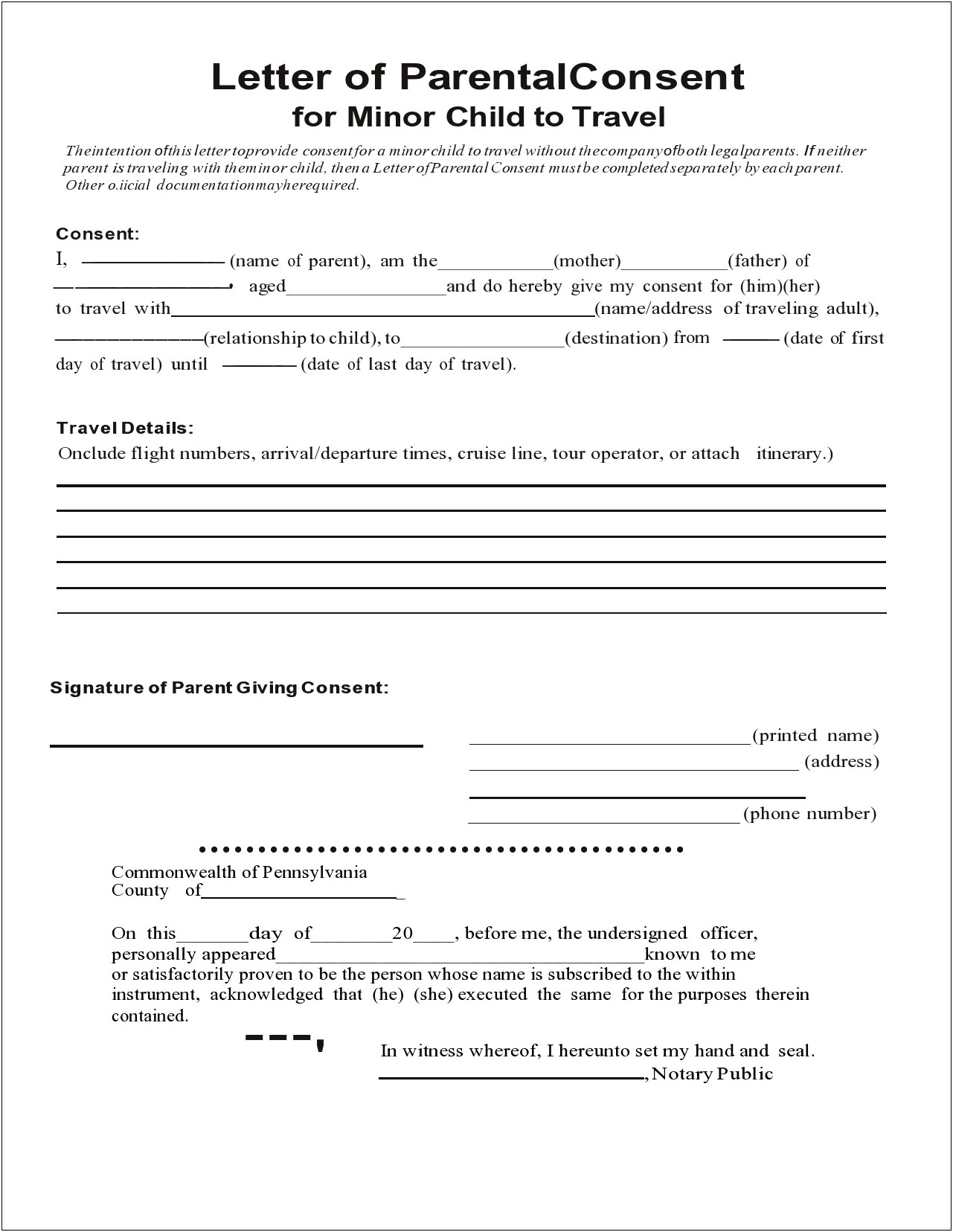 Parental Consent Permission Letter Template Usa