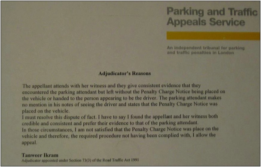 Parking Fine Appeal Letter Template Uk