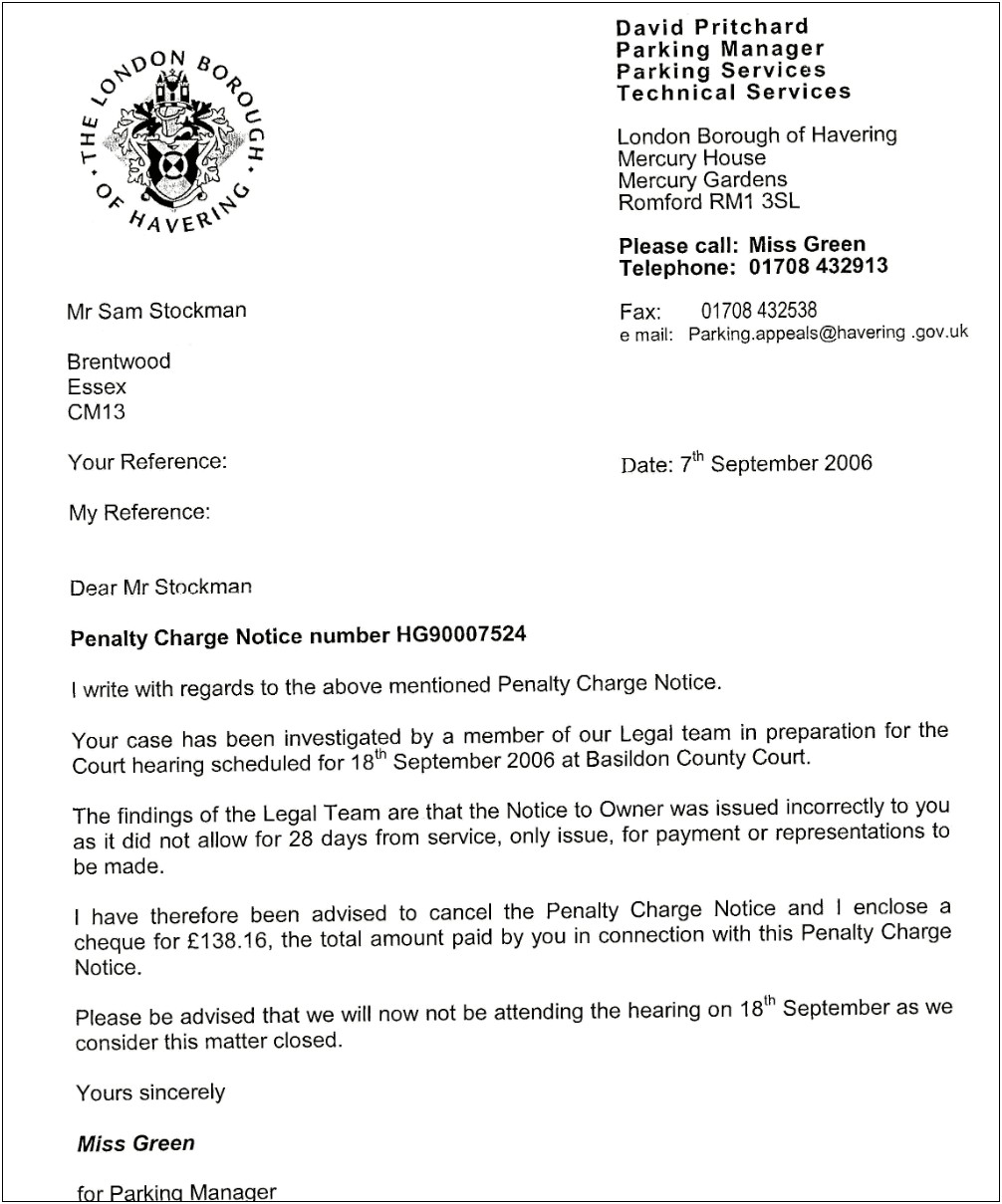 Parking Ticket Appeal Letter Template Uk