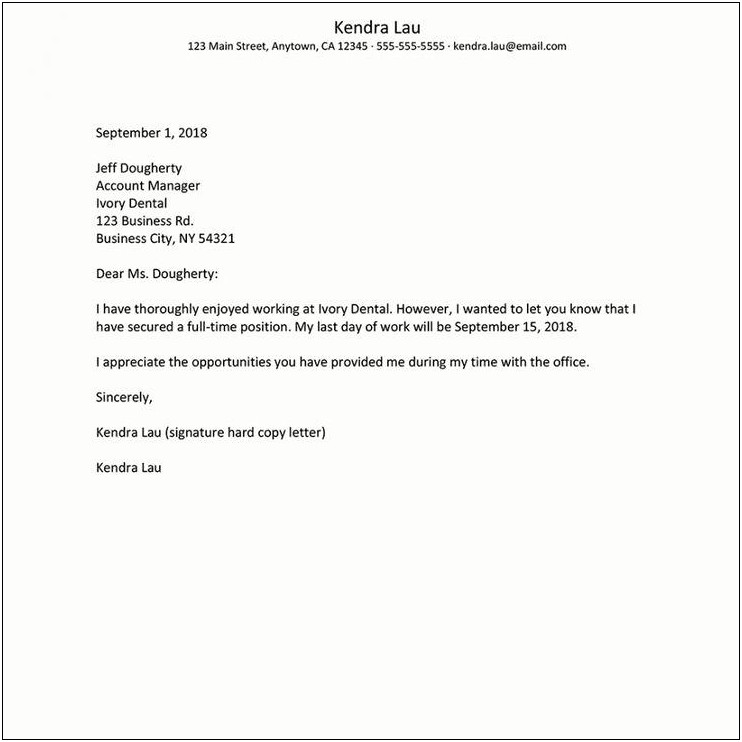 Part Time Job Resignation Letter Template