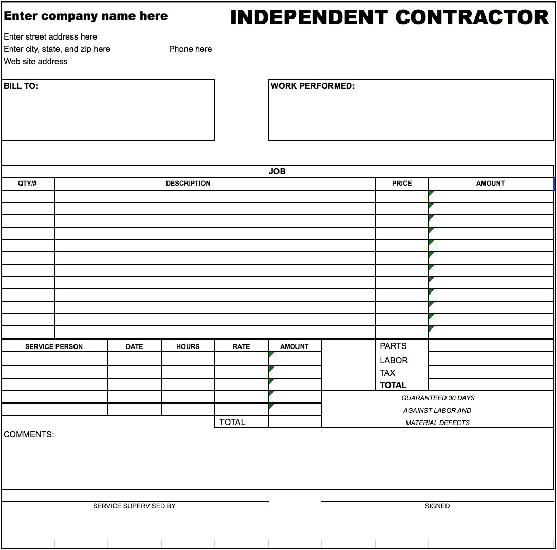 Parts And Labor Invoice Template Word