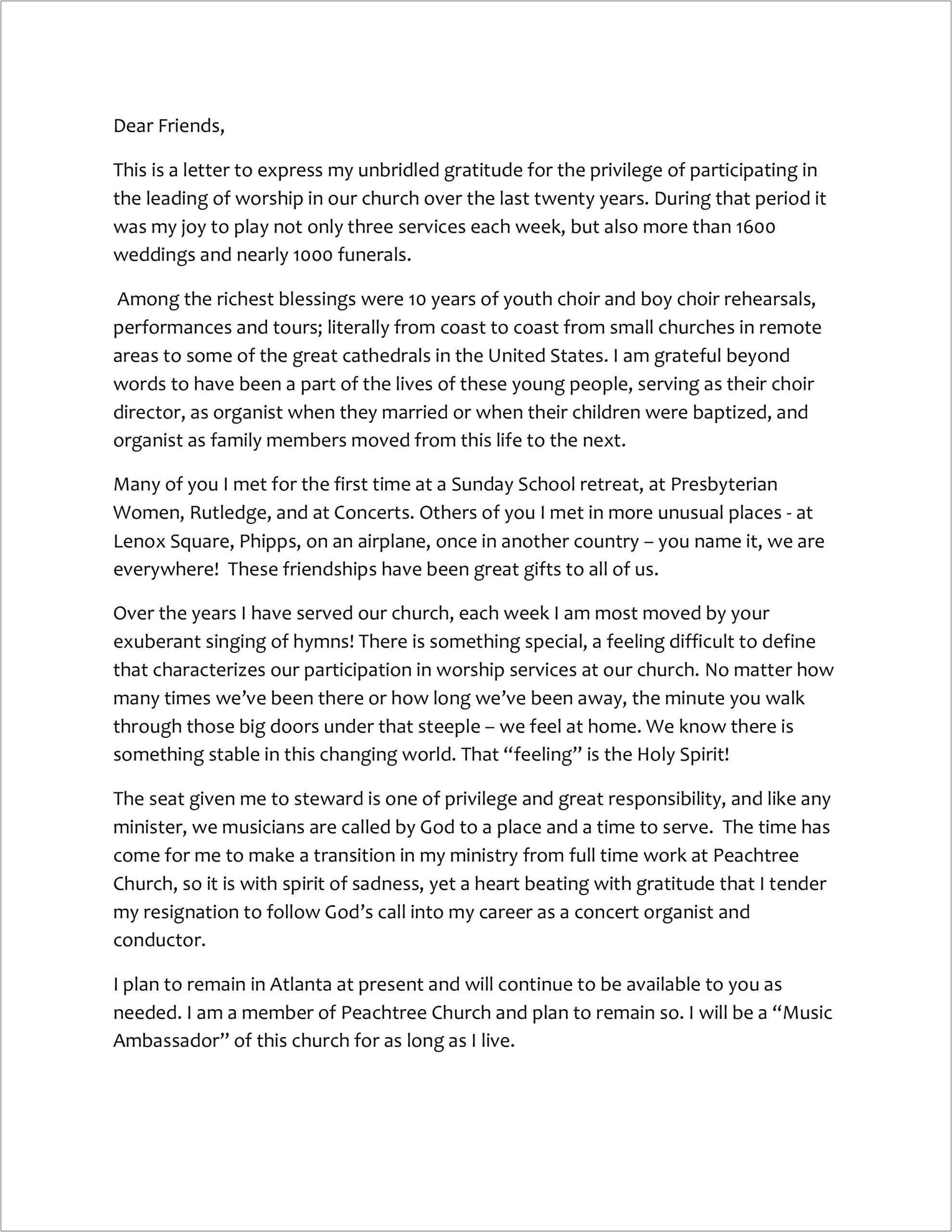 Pastor Church Retirement Resignation Letter Template